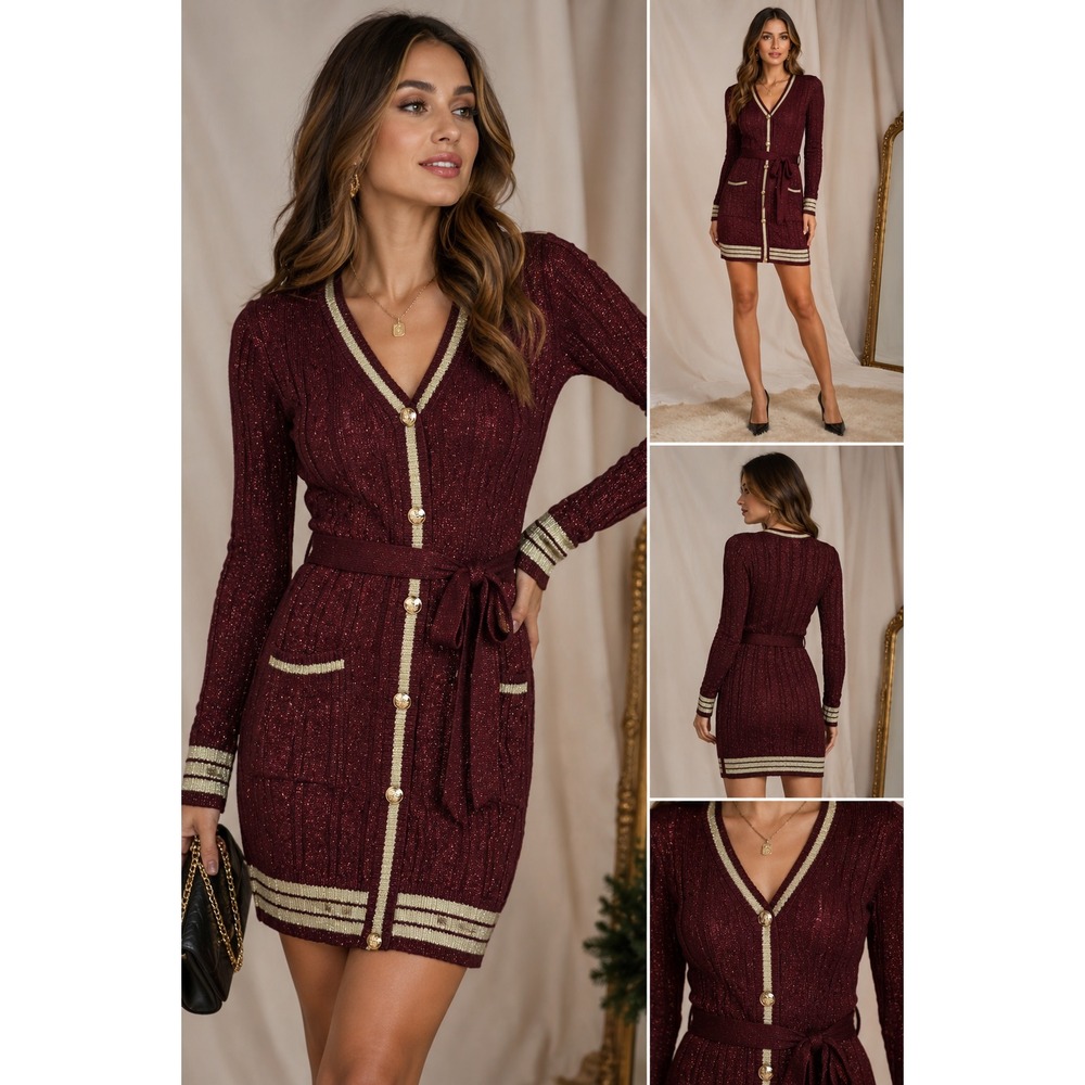 NWOT Flying Tomato Maroon Metallic Sweater Dress Bodycon Cable Knit Party S